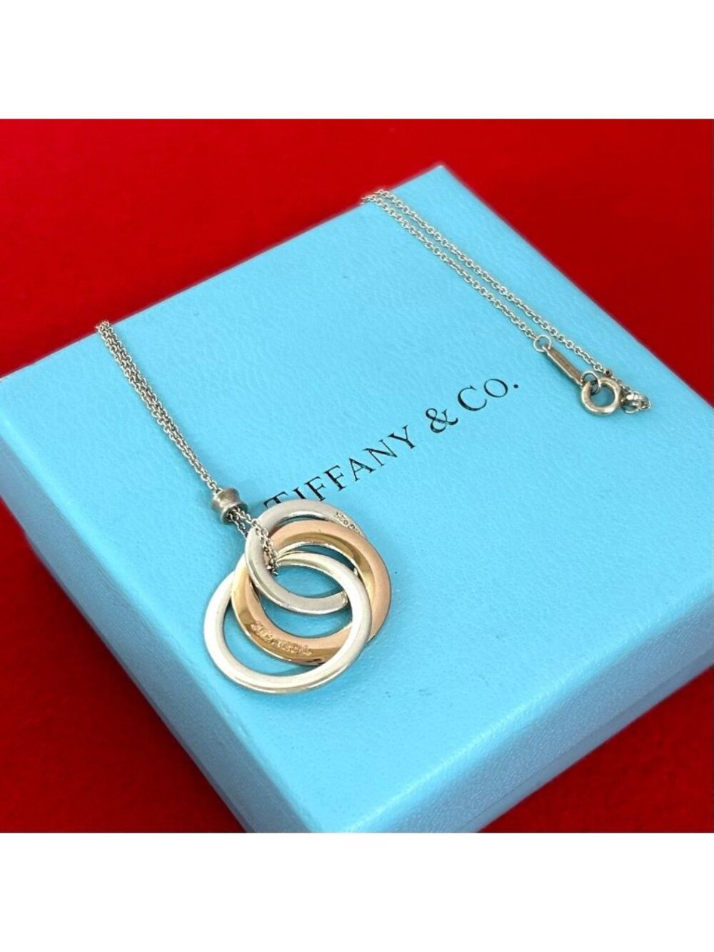 Tiffany & Co 1837 Interlocking Circle Necklace Triple 925 Sterling Silver Gold